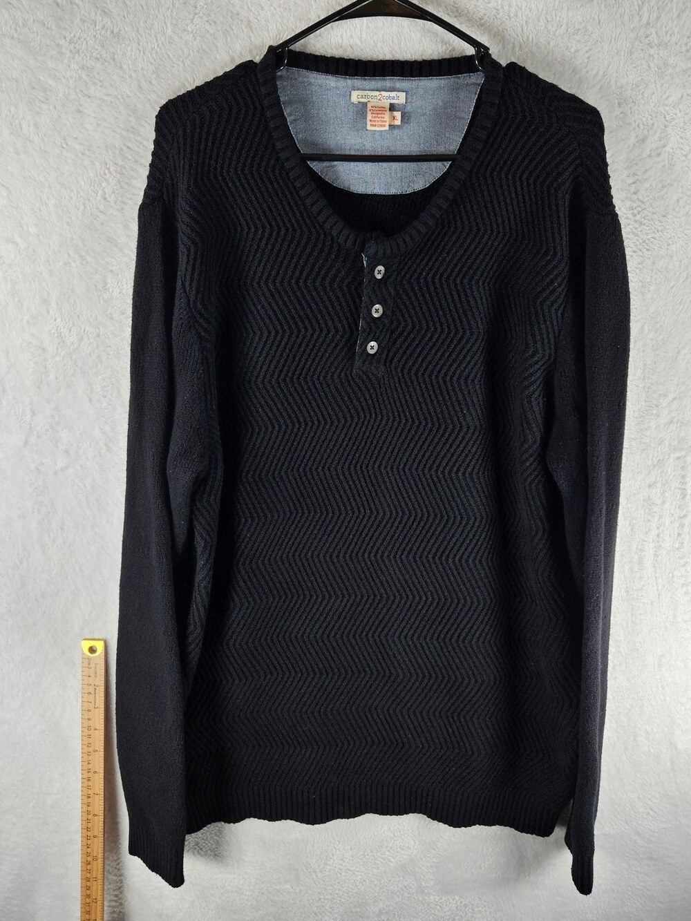 Carbon 2 Cobalt Henley Sweater Black Chevron Knit Cotton Cashmere Men's Size XL